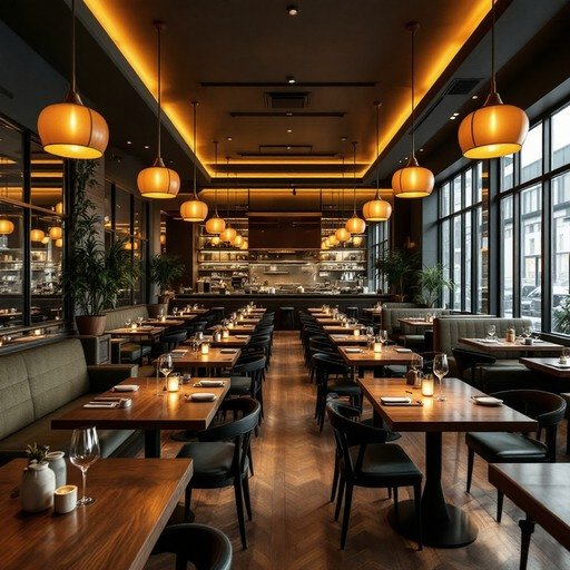Salón de restaurante nocturno con luces cálidas y mesas servidas